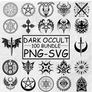 Peut inclure: Une collection de symboles occultes noirs et blancs, dont des pentagrammes, des croix et des crânes à cornes. Le texte "DARK OCCULT - 100 BUNDLE PNG-SVG" est affiché dans un encadré. L'image présente divers motifs ésotériques.