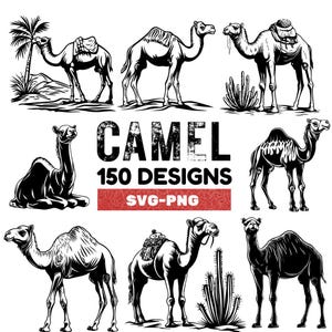 Camel SVG Bundle, 150 Desert Camel PNG and SVG Designs for Cricut Crafts, Sublimation, Safari Party Decor, Boho and Middle Eastern Art
