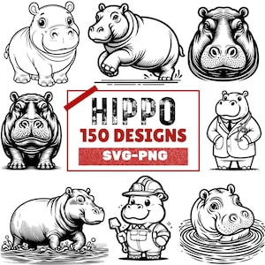 May include: A collection of black and white hippo designs in various poses, including a hippo wearing a doctor's coat and a hippo with a hard hat. The image includes the text "HIPPO 150 DESIGNS SVG-PNG".