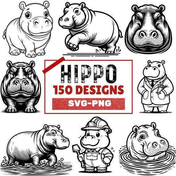 Adorable Hippo Clipart Bundle: 150 PNG SVG Designs