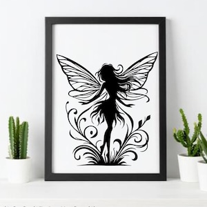 May include: Black framed art print featuring a silhouette of a fairy with detailed wings and flowing hair. The fairy is surrounded by decorative floral and swirl elements. The artwork is displayed against a white background.