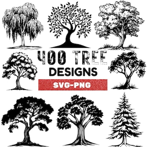 May include: A collection of 400 black and white tree designs in SVG and PNG format. The designs feature various tree styles, including weeping willow, oak, and pine.