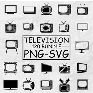 Puede incluir: Una colección de ilustraciones de televisores en blanco y negro, que incluyen modelos retro y modernos. La imagen incluye el texto "TELEVISION - 120 BUNDLE PNG-SVG". Se muestran varios estilos de televisores.