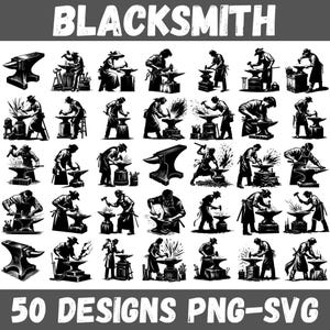 Blacksmith SVG PNG Bundle with 50 Vintage Blacksmith Clipart Designs for Metalwork, Forge, Tools, T-Shirts and Craft Projects