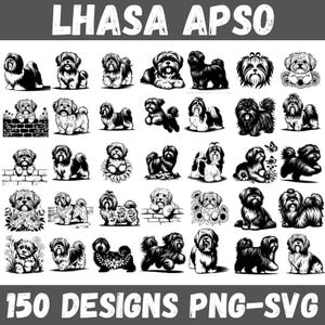 May include: A collection of black and white Lhasa Apso dog illustrations in various poses. The image includes the text "Lhasa Apso" at the top and "150 Designs PNG-SVG" at the bottom, indicating a digital product.