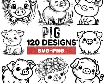 Pig SVG Bundle, 120 Cute Piglet Clipart PNG, Farm Animal Vector, Kawaii Pig Design, Cricut Cut Files, Sublimation Art for Crafts