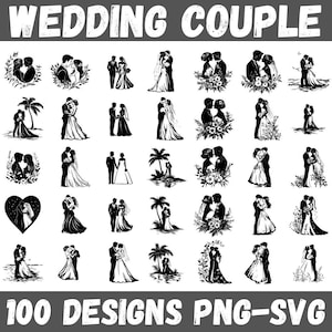 ウェディングカップルのSVG PNGバンドル、クリカット、結婚式の装飾、招待状、ギフト用のロマンチックな新郎新婦のシルエット100枚