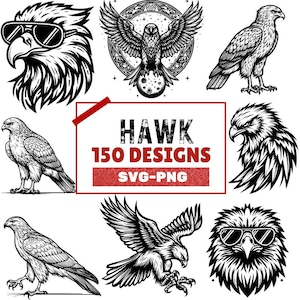 May include: A collection of 150 black and white hawk designs in SVG and PNG format. The designs feature various hawk poses, including a hawk with sunglasses, a hawk with wings spread, and a hawk with its head turned.