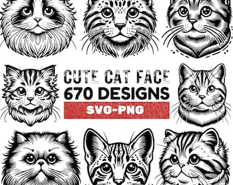 Cute Cat Face SVG Bundle | 670 Cat Designs | PNG and SVG Files for Cricut, Sublimation & Craft Projects, Cat Silhouette Bundle for Cricut