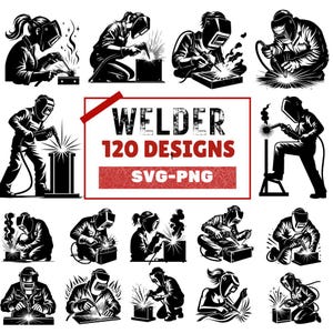 Puede incluir: Un conjunto de 120 ilustraciones vectoriales en blanco y negro de soldadores en varias poses. Las ilustraciones son de estilo vintage y presentan soldadores trabajando en diferentes proyectos. El texto "Welder 120 Designs SVG-PNG" se muestra en una pancarta roja.