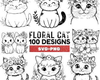 Pakiet Floral Cat SVG, 100 uroczych kotków z wiankiem z kwiatów w formacie PNG i SVG do Cricut, sublimacji, prac plastycznych dla dzieci, naklejek i dekoracji
