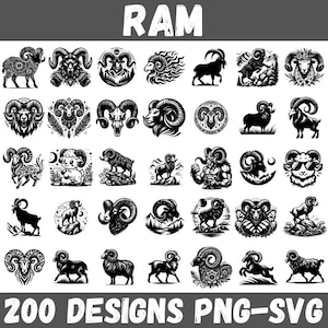 May include: A collection of black and white ram designs in various styles. The word "RAM" is at the top. The bottom of the image reads "200 DESIGNS PNG-SVG". The designs include rams in different poses, with varying horn shapes, and in different artistic styles.