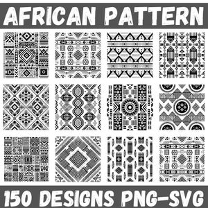 Peut inclure: Douze motifs de motifs africains en noir et blanc. Les motifs présentent des formes géométriques, des lignes et des motifs tribaux. Le texte "AFRICAN PATTERN" est en haut et "150 DESIGNS PNG-SVG" en bas.
