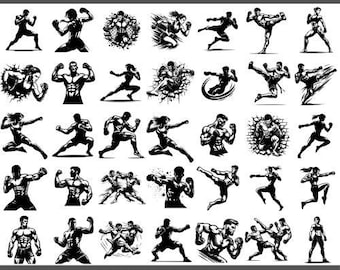 May include: Black and white illustrations of mixed martial arts poses. The image includes various action poses of fighters, with the text "MIXED MARTIAL ARTS" at the top and "120 DESIGNS PNG-SVG" at the bottom.