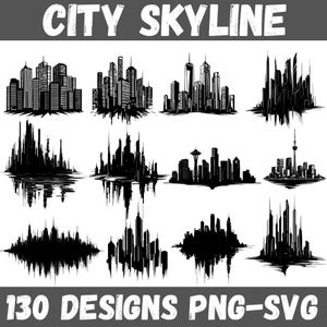 City Skyline SVG Bundle, 130 Urban Skyline PNG Designs, Modern Cityscape Silhouette Clipart for Cricut, Laser Cutting, Sublimation Art