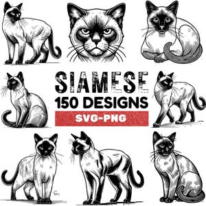 May include: A set of 150 black and white illustrations of Siamese cats in various poses. The illustrations are in a vintage style and feature detailed line work. The text "Siamese 150 Designs SVG-PNG" is displayed at the bottom of the image.