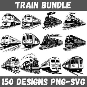 Paquete SVG de trenes: 150 imágenes prediseñadas de locomotoras y motores de vapor (archivos de Cricut y sublimación)