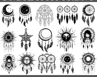 Dreamcatcher SVG Bundle: Boho Moon, Sun, Feathers (Digital Download)