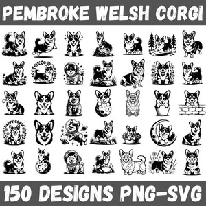 May include: A collection of 30 black and white Pembroke Welsh Corgi designs in various poses and styles. The designs include corgis in astronaut suits, holding bones, and in floral arrangements. Text at the top reads "PEMBROKE WELSH CORGI" and at the bottom "150 DESIGNS PNG-SVG".