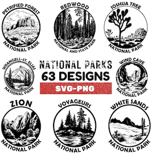 Nationalparks SVG Bundle, 63 Nationalpark Abzeichen PNG, Outdoor Adventure Logos, Vintage Natur Clipart, Wandern Sublimation, Cricut Dateien