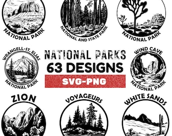 Nationalparks SVG Bundle: 63 Vintage Outdoor Abzeichen (PNG, Cricut Files)