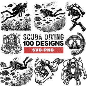 Scuba Diving SVG Bundle: Underwater Diver Clipart (100 PNG Designs)