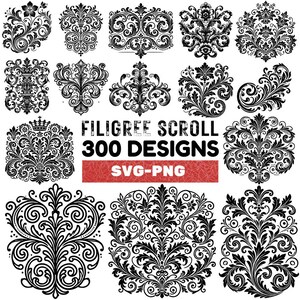 Puede incluir: Una colección de 300 diseños de filigrana en blanco y negro. Los diseños son intrincados y detallados, y serían perfectos para usar en una variedad de proyectos, como scrapbooking, creación de tarjetas y decoración del hogar.