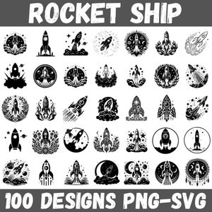 Puede incluir: Una colección de 36 diseños de cohetes en blanco y negro en varios estilos. La imagen incluye el texto "ROCKET SHIP" en la parte superior y "100 DESIGNS PNG-SVG" en la parte inferior. Los diseños presentan cohetes con llamas, estrellas y elementos celestiales.