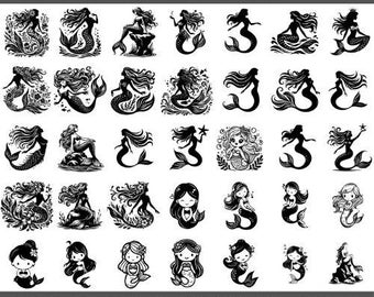 May include: Black and white mermaid designs in various poses and styles. The word "MERMAID" is at the top, and the text "100 DESIGNS PNG-SVG" is at the bottom. The mermaids have long flowing hair and are surrounded by decorative elements.