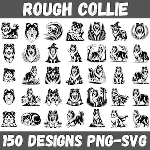 Op de afbeelding: Een verzameling van 30 zwart-witte Rough Collie hondenontwerpen. De ontwerpen tonen verschillende poses en stijlen, zoals honden met hoeden, zonnebrillen en capes. De tekst "ROUGH COLLIE" en "150 DESIGNS PNG-SVG" worden weergegeven.