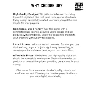 Może przedstawiać: Grafika tekstowa z tytułem "WHY CHOOSE US?" i listą powod&oacute;w, aby wybrać firmę, w tym wysokiej jakości projekty, przyjazne dla użytkownika licencje komercyjne, natychmiastowy dostęp i przystępne ceny. Logo firmy znajduje się w prawym g&oacute;rnym rogu i brzmi "SKY ARTPH".