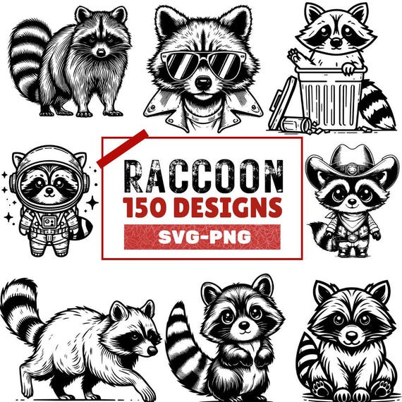 Raccoon Clipart Bundle: 150 PNG & SVG Designs for Crafts