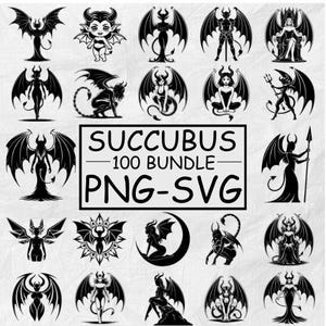 Könnte beinhalten: Eine Sammlung von schwarz-weißen Succubus-Illustrationen mit Fledermausflügeln, Hörnern und verschiedenen Posen. Der Text "SUCCUBUS 100 BUNDLE PNG-SVG" wird in einem rechteckigen Rahmen angezeigt.