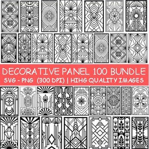 Puede incluir: Una colección de paneles decorativos rectangulares en blanco y negro con patrones geométricos, rayos de sol y motivos florales. La imagen incluye el texto DECORATIVE PANEL 100 BUNDLE SVG - PNG (300 DPI) | HIHG QUALITY IMAGES en blanco sobre fondo rojo.