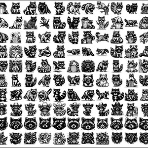May include: A collection of 100 black and white illustrations of raccoons in various poses. The raccoons are depicted in a cartoon style and are shown doing a variety of activities, such as eating, playing, and sleeping.