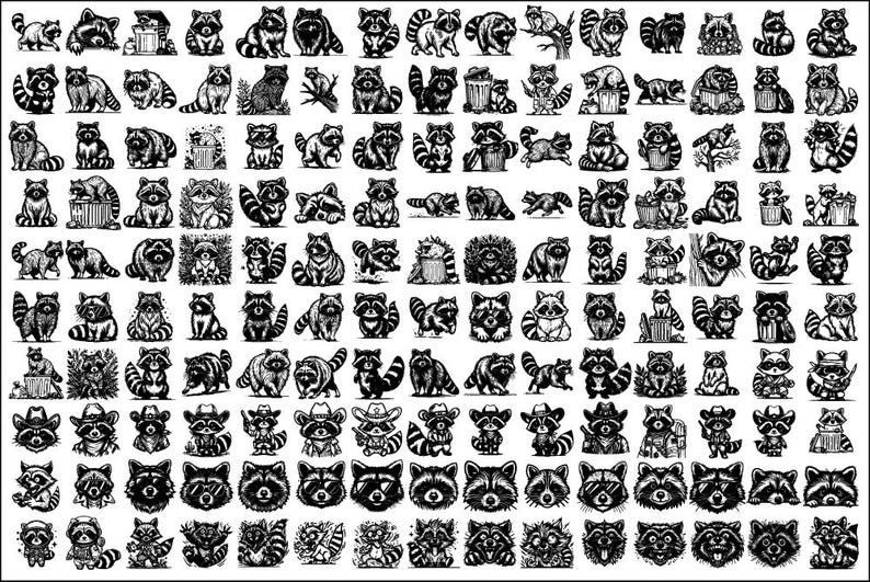 May include: A collection of 100 black and white illustrations of raccoons in various poses. The raccoons are depicted in a cartoon style and are shown doing a variety of activities, such as eating, playing, and sleeping.
