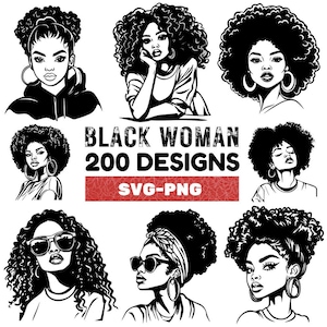 黒人女性の SVG バンドル、200 枚のアフロ女性の PNG、メラニン クイーンのクリップアート、アフリカ系アメリカ人の美のデジタル アート、女性らしい Cricut カット ファイル