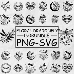 Puede incluir: Una colección de diseños de libélulas en blanco y negro, que incluyen arreglos florales, medias lunas y formas de corazón. El texto "FLORAL DRAGONFLY 150BUNDLE PNG-SVG" se muestra en un rectángulo negro.