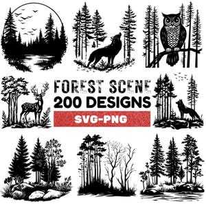 Forest Scene SVG Bundle: 200 Woodland Animals & Trees Clipart (Digital Download)