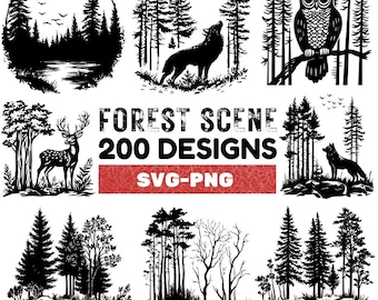 Pakiet leśnych scen w formacie SVG: 200 clipartów przedstawiających zwierzęta i drzewa leśne (do pobrania w wersji cyfrowej)