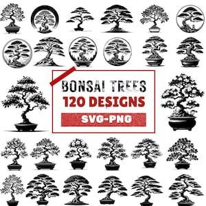 120 Bonsai Tree Designs Bundle | Elegant Bonsai Clipart Collection | PNG SVG Files for Digital Art, Bonsai Svg, Stickers, Zen Decor