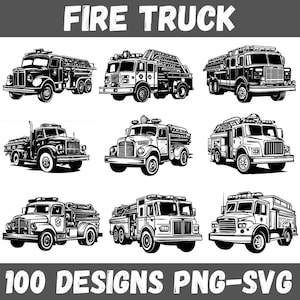 May include: A set of nine black and white illustrations of fire trucks. Each truck has a different design and features, including ladders, hoses, and lights. The illustrations are perfect for use in a variety of projects, such as t-shirts, mugs, and posters.