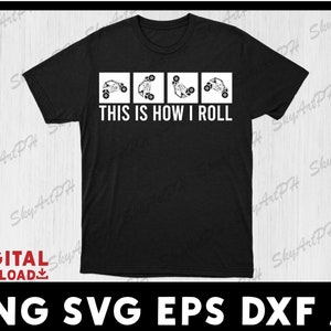 May include: Black t-shirt with a white graphic of four off-road vehicles in different positions. The text "THIS IS HOW I ROLL" is printed below the graphic.