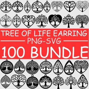 May include: A collection of black Tree of Life earring designs in various shapes, including circles, teardrops, and hearts. The image features the text "TREE OF LIFE EARRING - PNG-SVG - 100 BUNDLE" in white on a red background, showcasing a variety of intricate, nature-inspired jewelry.