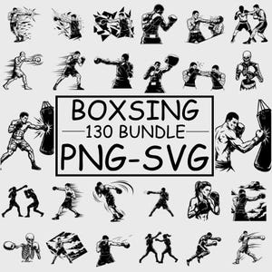 May include: A collection of black and white boxing-themed illustrations. The images depict boxers in various action poses, including punching, sparring, and training with a heavy bag. Text in the center reads "BOXSING 130 BUNDLE PNG-SVG".
