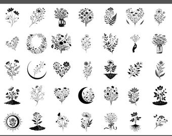 Minimalist Wildflower SVG PNG Bundle 160 Botanical Line Art Designs | Boho Floral Clipart | Modern Flower Silhouette Vector for Cricut