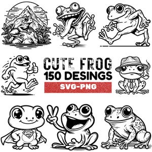 May include: A set of 150 cute frog designs in black and white. The designs feature frogs in various poses, including sitting, standing, jumping, and wearing hats. The text "Cute Frog 150 Desings SVG-PNG" is displayed in the center of the image.