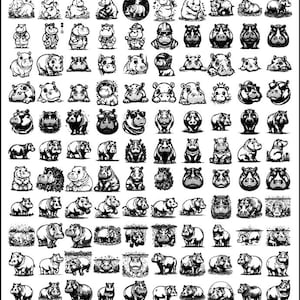 May include: A black and white illustration featuring a grid of various hippopotamus drawings. The hippos are depicted in different poses and styles, some with accessories like sunglasses or hats. The artwork showcases a range of expressions and designs.