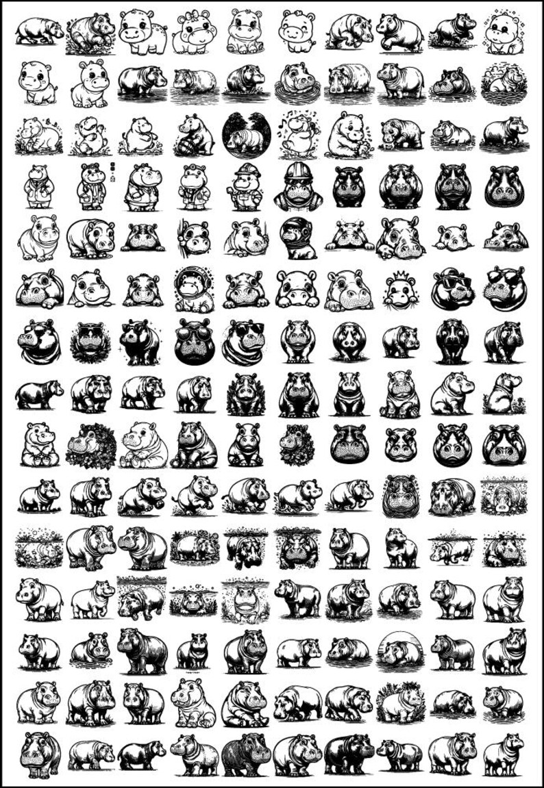 May include: A black and white illustration featuring a grid of various hippopotamus drawings. The hippos are depicted in different poses and styles, some with accessories like sunglasses or hats. The artwork showcases a range of expressions and designs.
