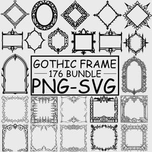 Puede incluir: Una colección de marcos góticos negros en varias formas y diseños. La imagen incluye marcos ovalados, rectangulares y en forma de diamante con detalles intrincados. El texto central dice "Gothic Frame 176 Bundle PNG-SVG".